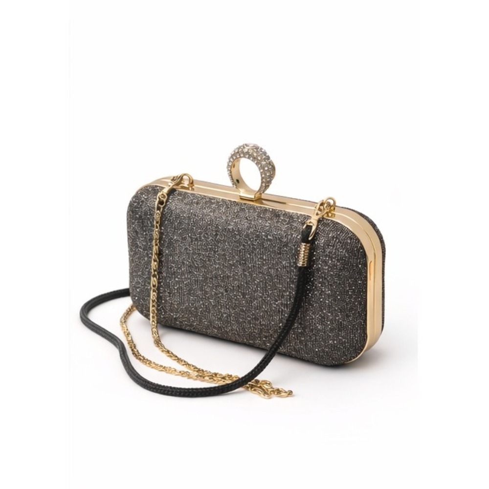 Payless Womens Clamshell Rhinestone Ring Purse Silver Gold Shoulder Strap Lined - Picture 2 of 15